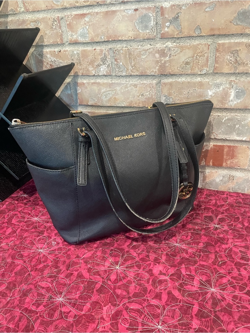 Michael Kors Black Leather Tote with Gold Logo Charm